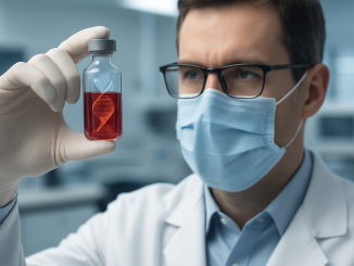 A researcher studies a vial of red blood cells in a modern lab, representing