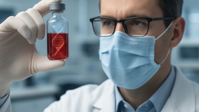 A researcher studies a vial of red blood cells in a modern lab, representing