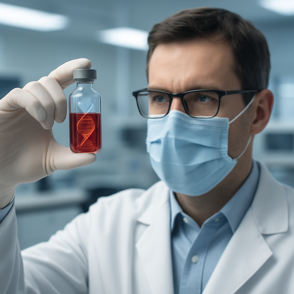 A researcher studies a vial of red blood cells in a modern lab, representing