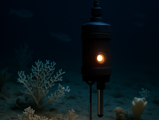 An ocean temperature sensor glows above deep-sea corals and sponges in dark water.