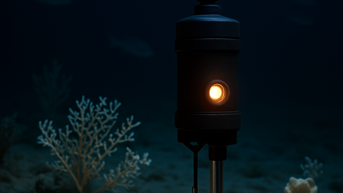 An ocean temperature sensor glows above deep-sea corals and sponges in dark water.