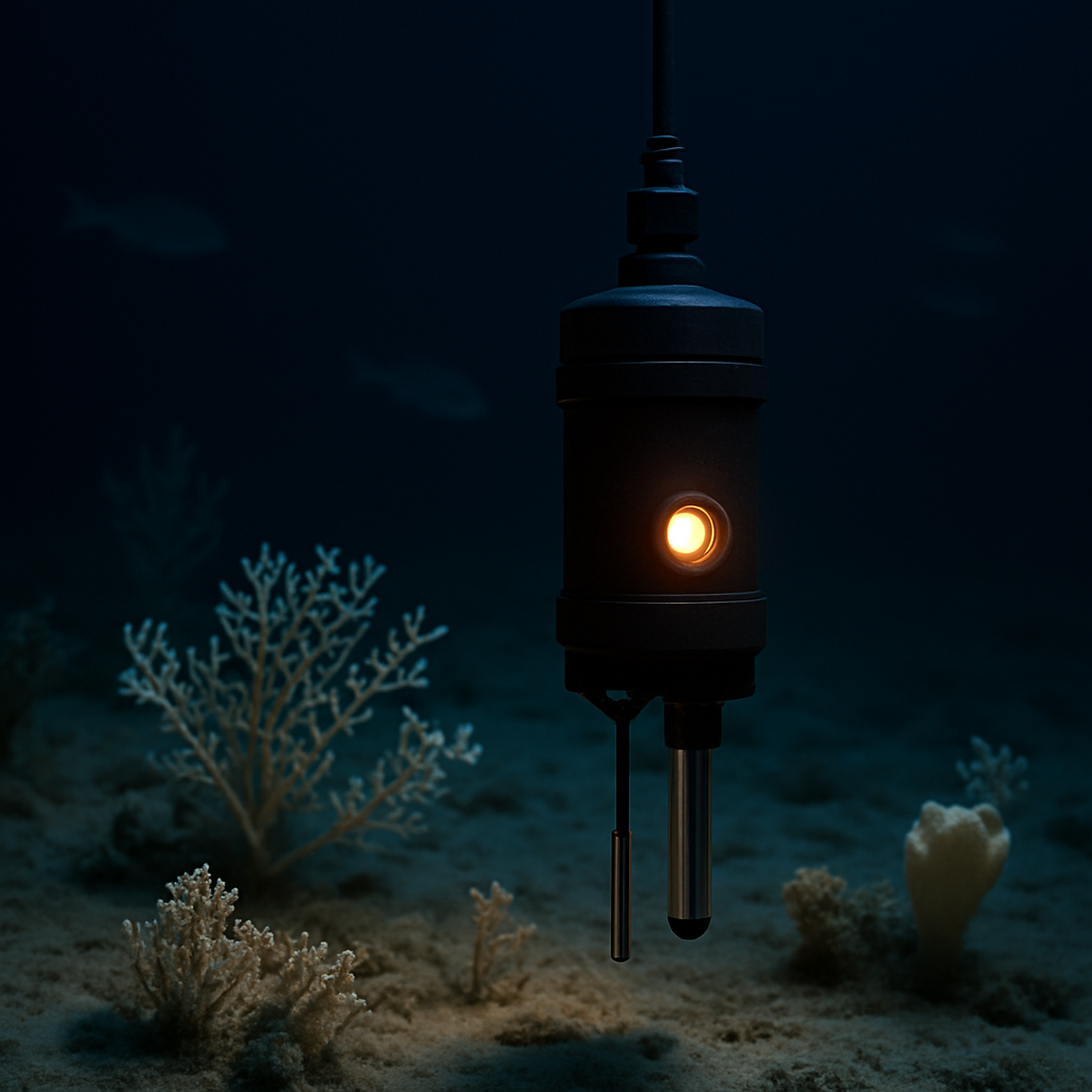 An ocean temperature sensor glows above deep-sea corals and sponges in dark water.