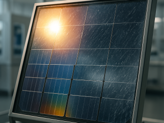 A perovskite-silicon tandem solar panel in a climate-testing lab, reflecting sunlight and rain.