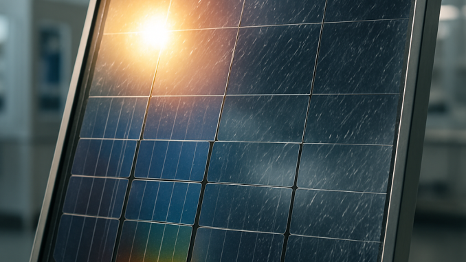 A perovskite-silicon tandem solar panel in a climate-testing lab, reflecting sunlight and rain.