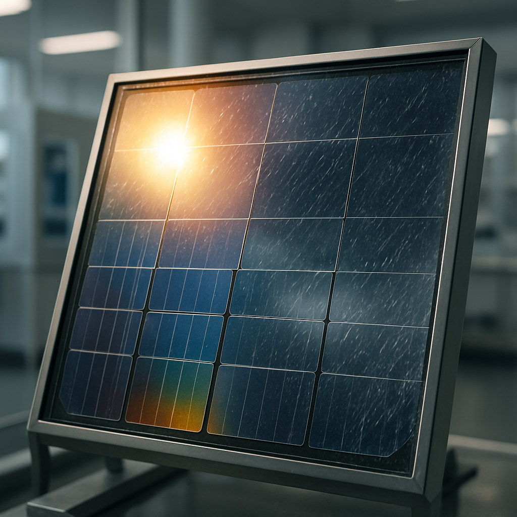 A perovskite-silicon tandem solar panel in a climate-testing lab, reflecting sunlight and rain.
