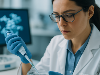 A microbiologist tests a sample in a laboratory, with a protein model visible on