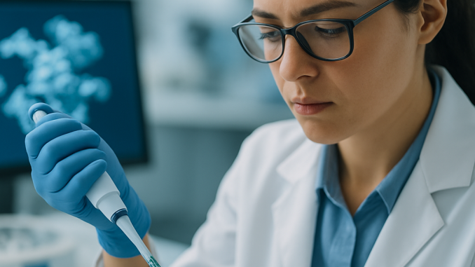 A microbiologist tests a sample in a laboratory, with a protein model visible on
