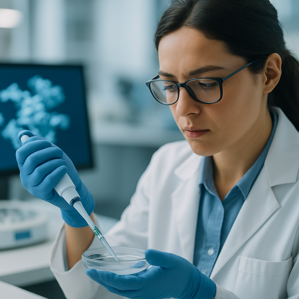 A microbiologist tests a sample in a laboratory, with a protein model visible on