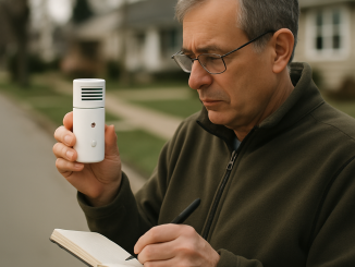 A resident records a reading from a handheld air-quality sensor on a neighborhood sidewalk.