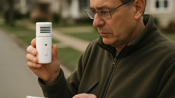 A resident records a reading from a handheld air-quality sensor on a neighborhood sidewalk.