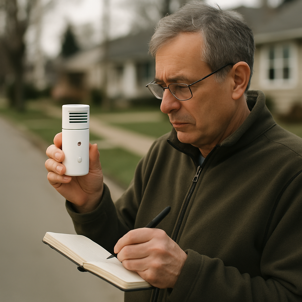 A resident records a reading from a handheld air-quality sensor on a neighborhood sidewalk.